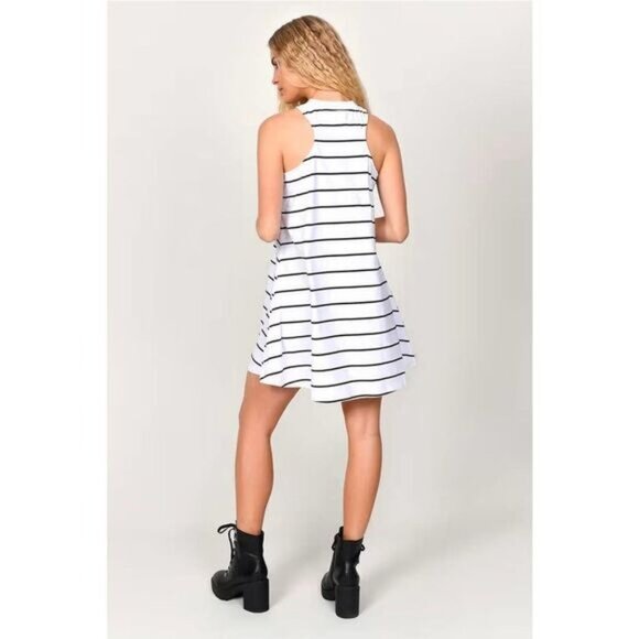 Women's High Neck Sleeveless Short Dress Stripe Flare Tank Dress - Picture 3 of 7